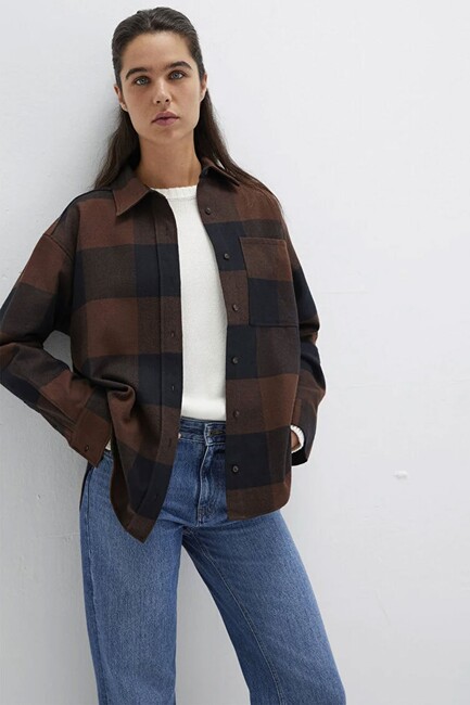 Kadın Uzun Kollu Dokuma Gömlek 1211294-88497 Kahve (2)