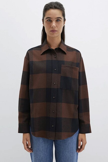 Kadın Uzun Kollu Dokuma Gömlek 1211294-88497 Kahve - Thumbnail