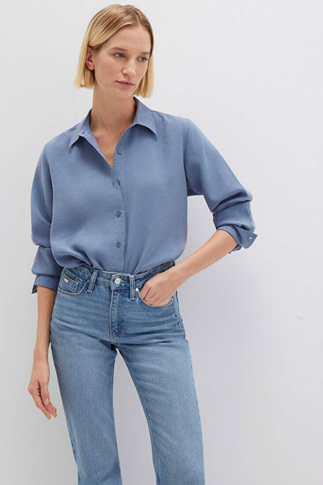 Kadın Uzun Kollu Dokuma Gömlek 1211373-70728 Mavi 