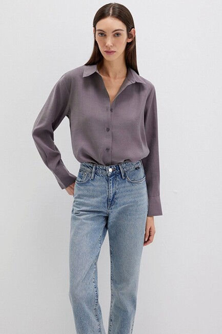 Kadın Uzun Kollu Dokuma Gömlek 1211373-90721 Gri (1)