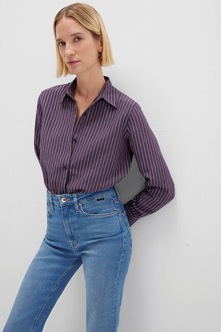 Kadın Uzun Kollu Dokuma Gömlek 1211374-91373 Mor (1)