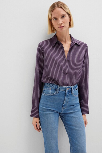 Kadın Uzun Kollu Dokuma Gömlek 1211374-91373 Mor (2)