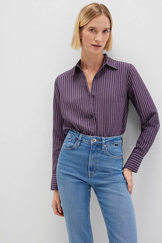 Kadın Uzun Kollu Dokuma Gömlek 1211374-91373 Mor 