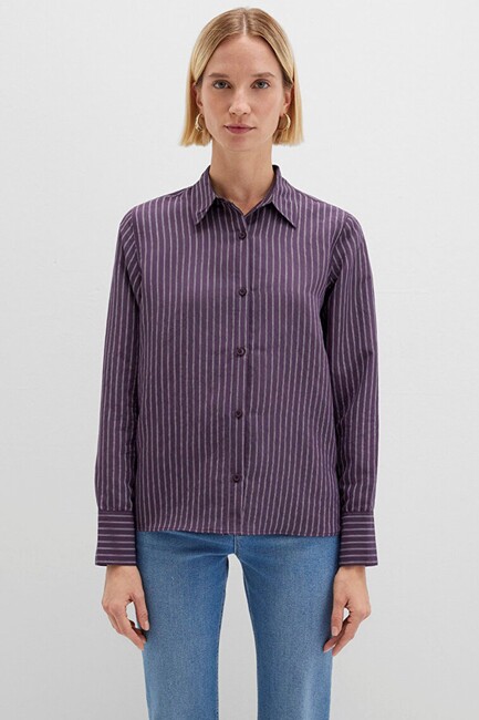 Kadın Uzun Kollu Dokuma Gömlek 1211374-91373 Mor - Thumbnail