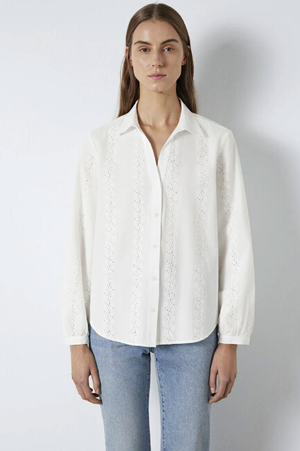 Kadın Uzun Kollu Dokuma Gömlek 1211380-70057 Ekru - Thumbnail