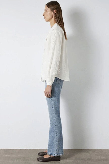 Kadın Uzun Kollu Dokuma Gömlek 1211380-70057 Ekru - Thumbnail