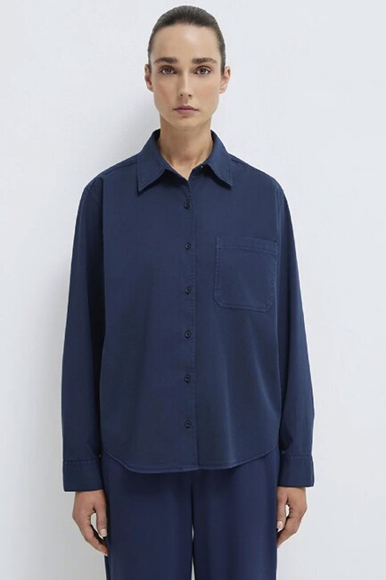 Kadın Uzun Kollu Dokuma Gömlek 1211385-70497 Lacivert - Thumbnail