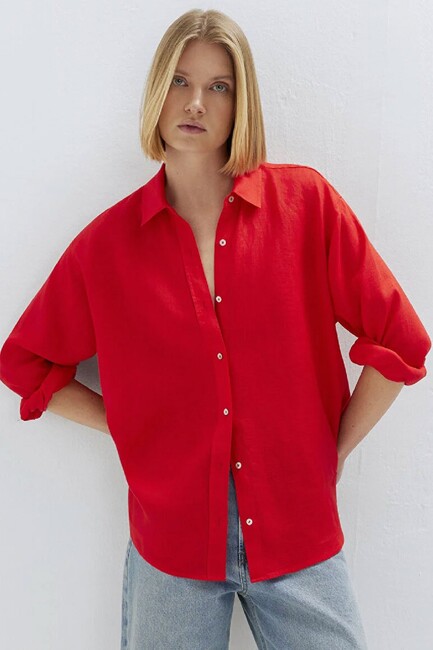 Kadın Uzun Kollu Gömlek 1210747-70474 Kırmızı - Thumbnail