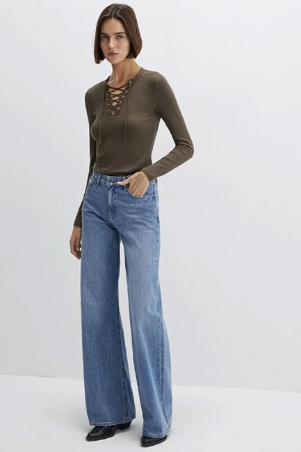 Kadın Uzun Kollu Penye 1613839-87538 Haki - Thumbnail