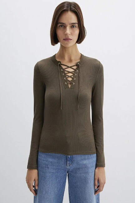 Kadın Uzun Kollu Penye 1613839-87538 Haki - Thumbnail