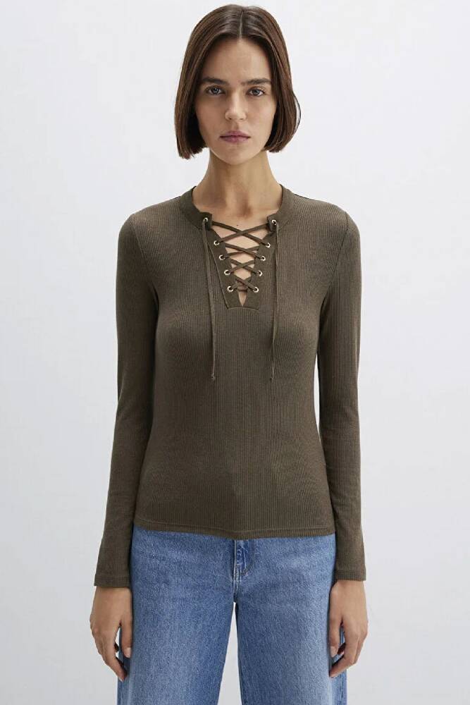 Kadın Uzun Kollu Penye 1613839-87538 Haki 