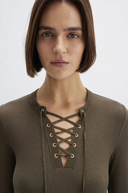 Kadın Uzun Kollu Penye 1613839-87538 Haki - Thumbnail