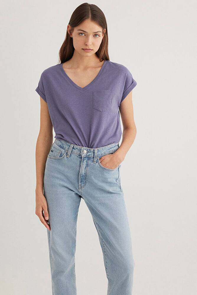 Kadın V Yaka Basic Tişört 1600961-70608 Mor 