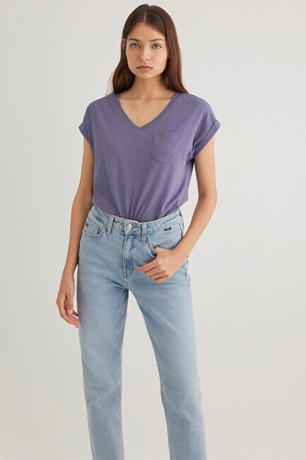 Kadın V Yaka Basic Tişört 1600961-70608 Mor (2)