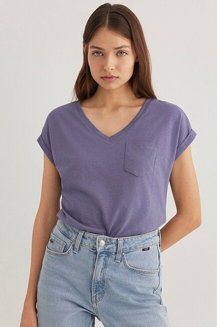 Kadın V Yaka Basic Tişört 1600961-70608 Mor (3)