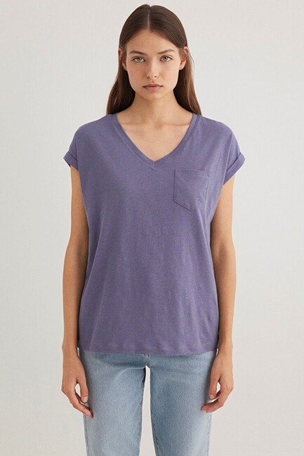 Kadın V Yaka Basic Tişört 1600961-70608 Mor - Thumbnail