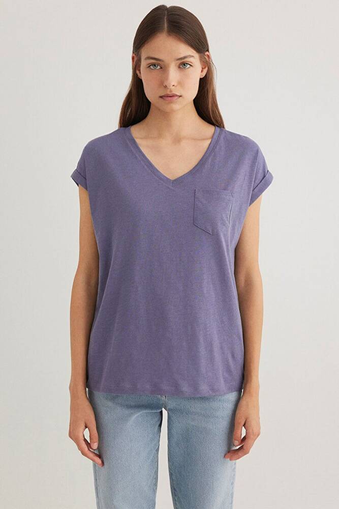 Kadın V Yaka Basic Tişört 1600961-70608 Mor 