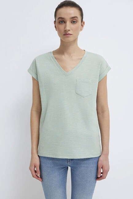 Kadın V Yaka Basic Tişört 1600961-71780 Yeşil (3)