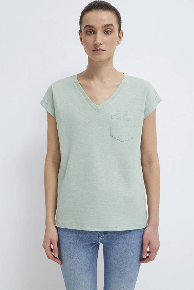 Kadın V Yaka Basic Tişört 1600961-71780 Yeşil 