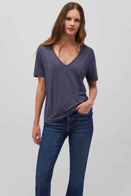 Kadın V Yaka Basic Tişört 1612381-87111 Lacivert (1)