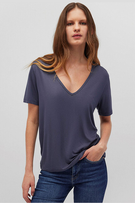 Kadın V Yaka Basic Tişört 1612381-87111 Lacivert (2)