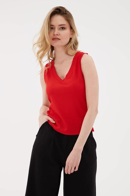 Kadın V Yaka Bluz 23Y0365K1 Kırmızı (1)