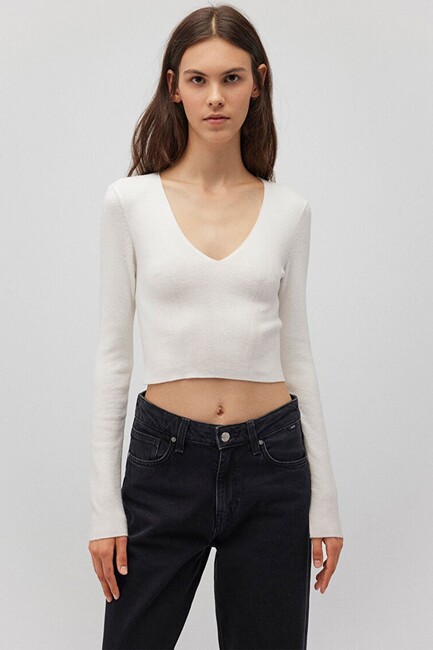 Kadın V Yaka Kazak 1710122-81964 Ekru (3)