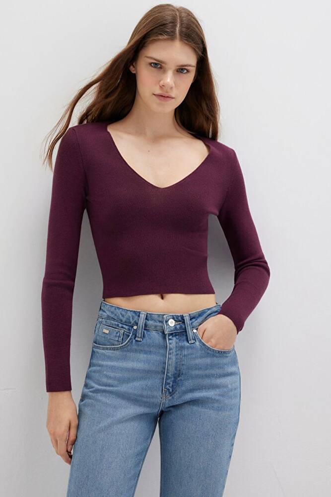 Kadın V Yaka Kazak 1710122-87830 Bordo 