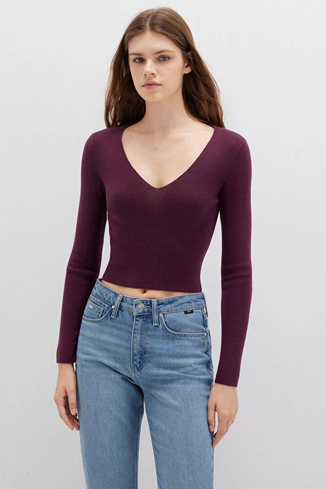 Kadın V Yaka Kazak 1710122-87830 Bordo 