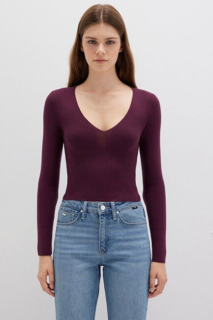 Kadın V Yaka Kazak 1710122-87830 Bordo - Thumbnail