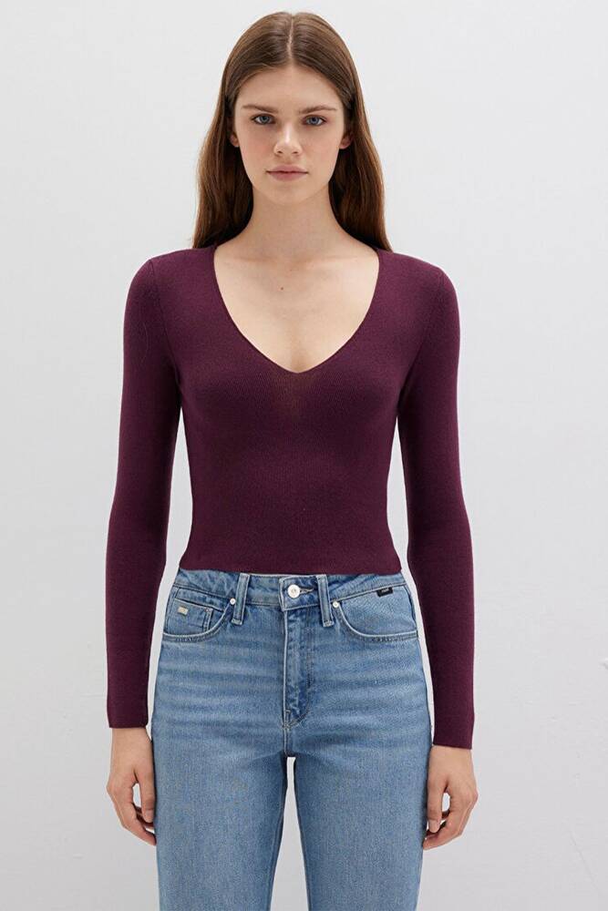 Kadın V Yaka Kazak 1710122-87830 Bordo 