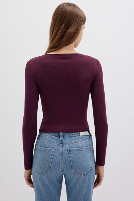 Kadın V Yaka Kazak 1710122-87830 Bordo - Thumbnail