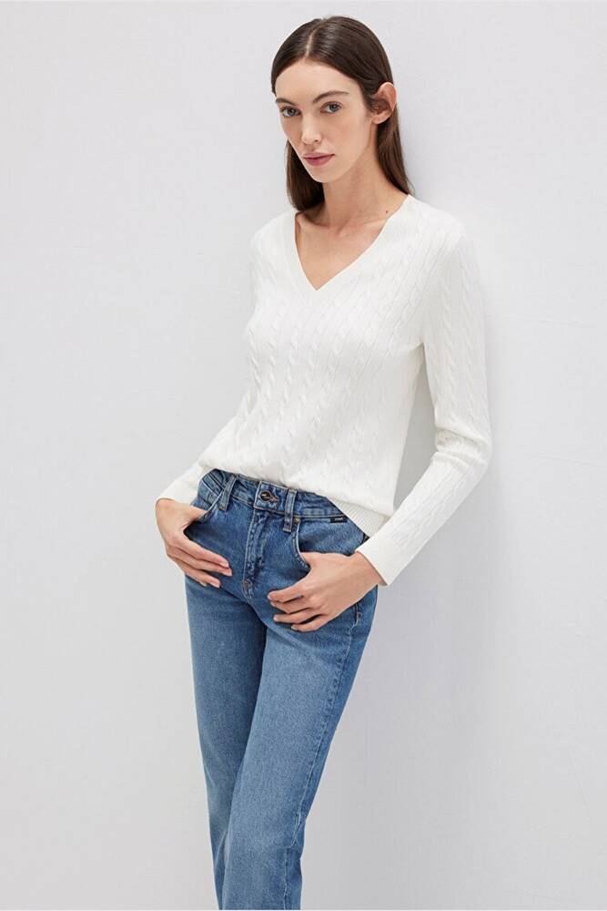 Kadın V Yaka Kazak 1710340-70057 Ekru 