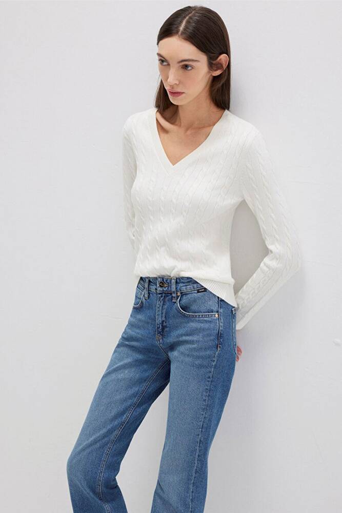 Kadın V Yaka Kazak 1710340-70057 Ekru 