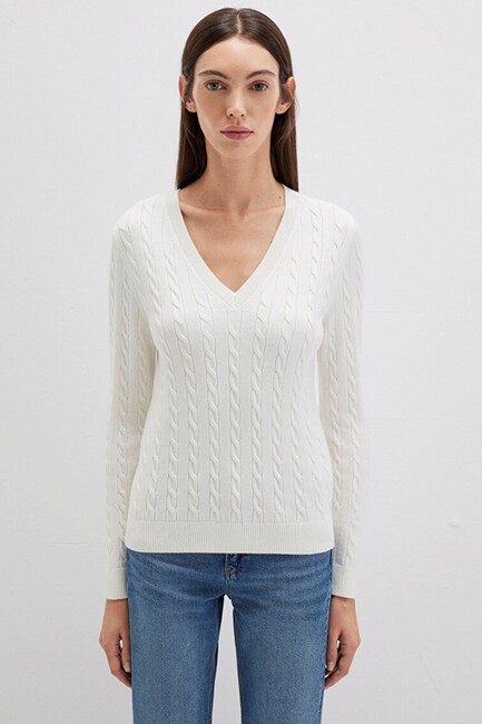 Kadın V Yaka Kazak 1710340-70057 Ekru - Thumbnail