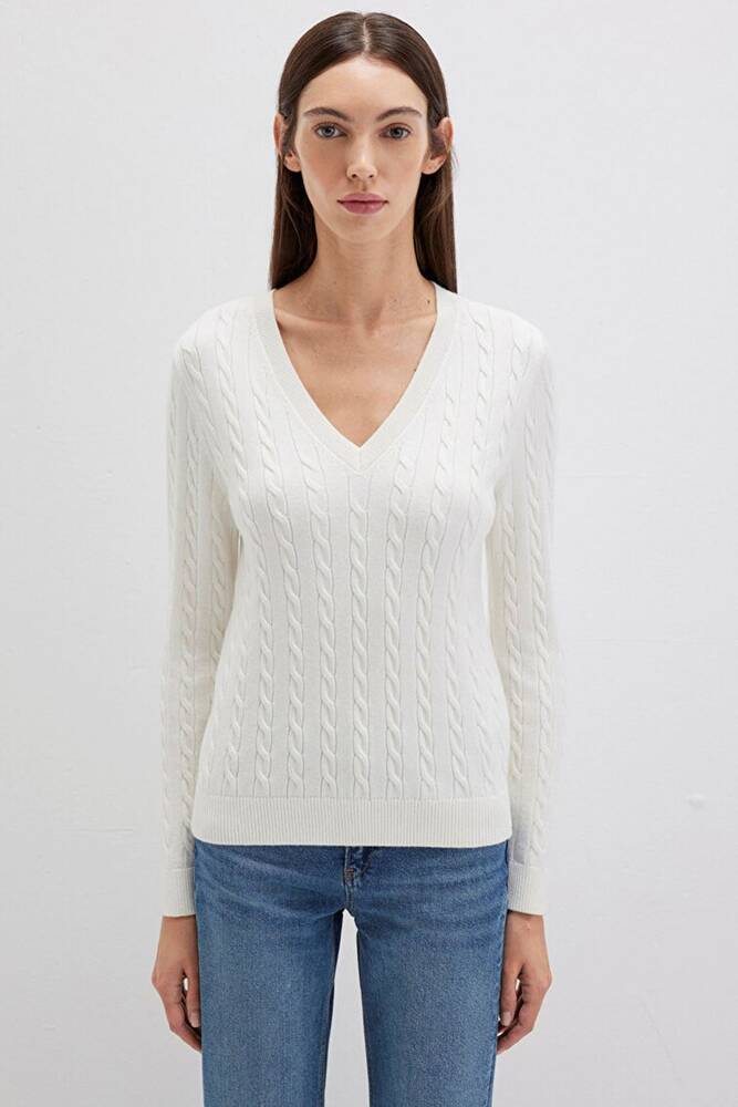 Kadın V Yaka Kazak 1710340-70057 Ekru 