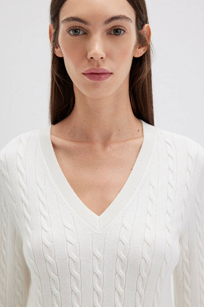 Kadın V Yaka Kazak 1710340-70057 Ekru 