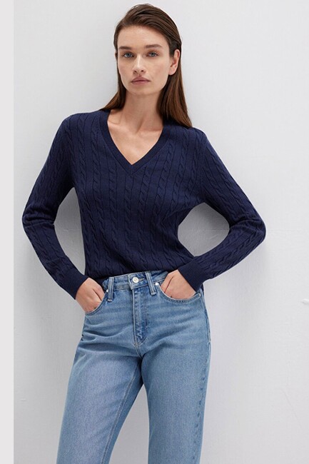 Kadın V Yaka Kazak 1710340-84371 Lacivert (1)