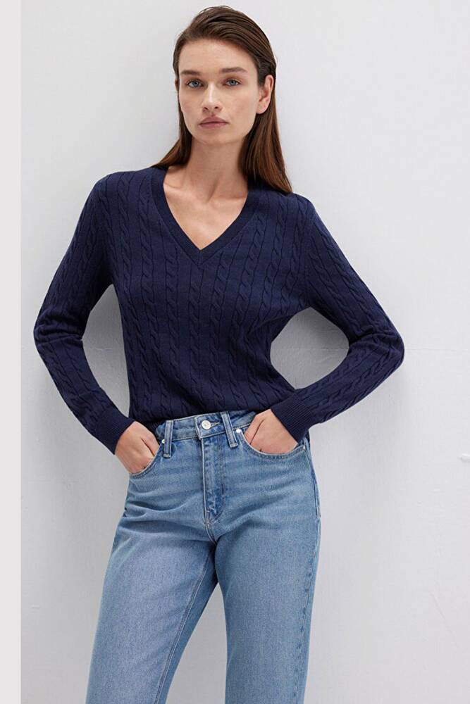 Kadın V Yaka Kazak 1710340-84371 Lacivert 