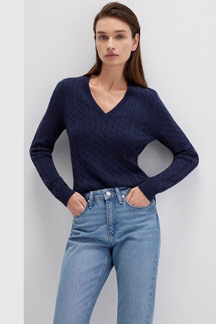 Kadın V Yaka Kazak 1710340-84371 Lacivert (2)