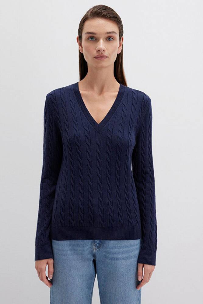 Kadın V Yaka Kazak 1710340-84371 Lacivert 
