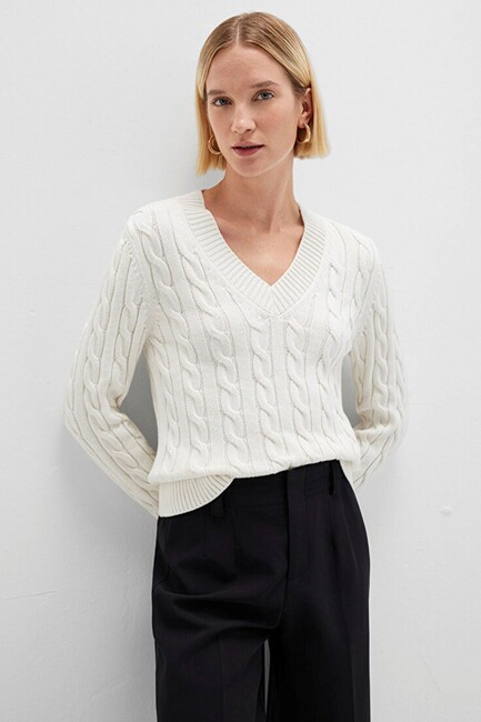 Kadın V Yaka Kazak 1710720-70057 Ekru (1)