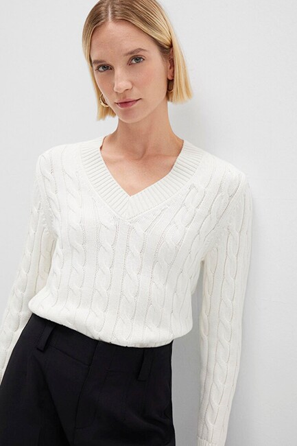 Kadın V Yaka Kazak 1710720-70057 Ekru (3)