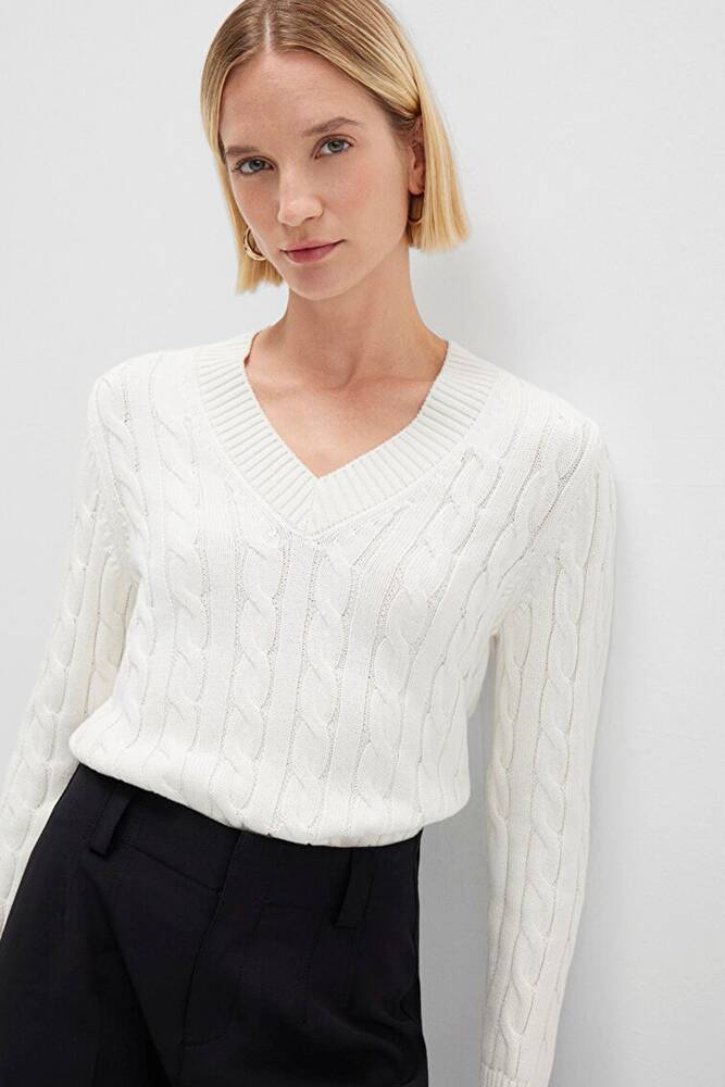 Kadın V Yaka Kazak 1710720-70057 Ekru 