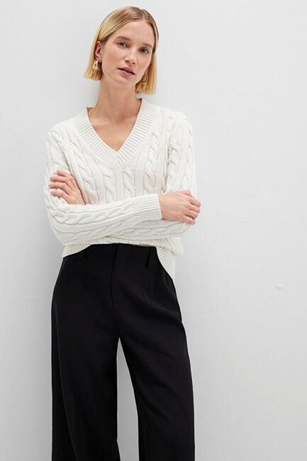 Kadın V Yaka Kazak 1710720-70057 Ekru - Thumbnail