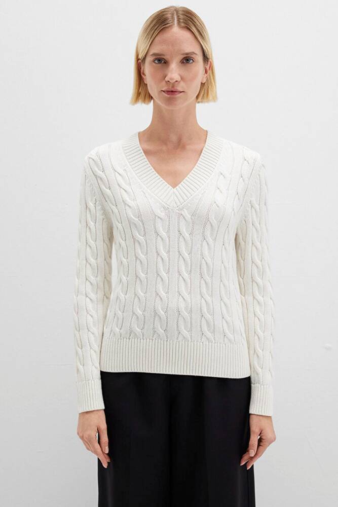 Kadın V Yaka Kazak 1710720-70057 Ekru 