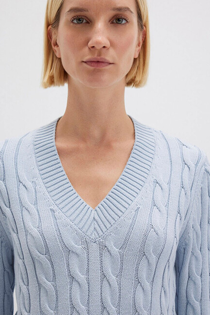 Kadın V Yaka Kazak 1710720-70813 Mavi - Thumbnail