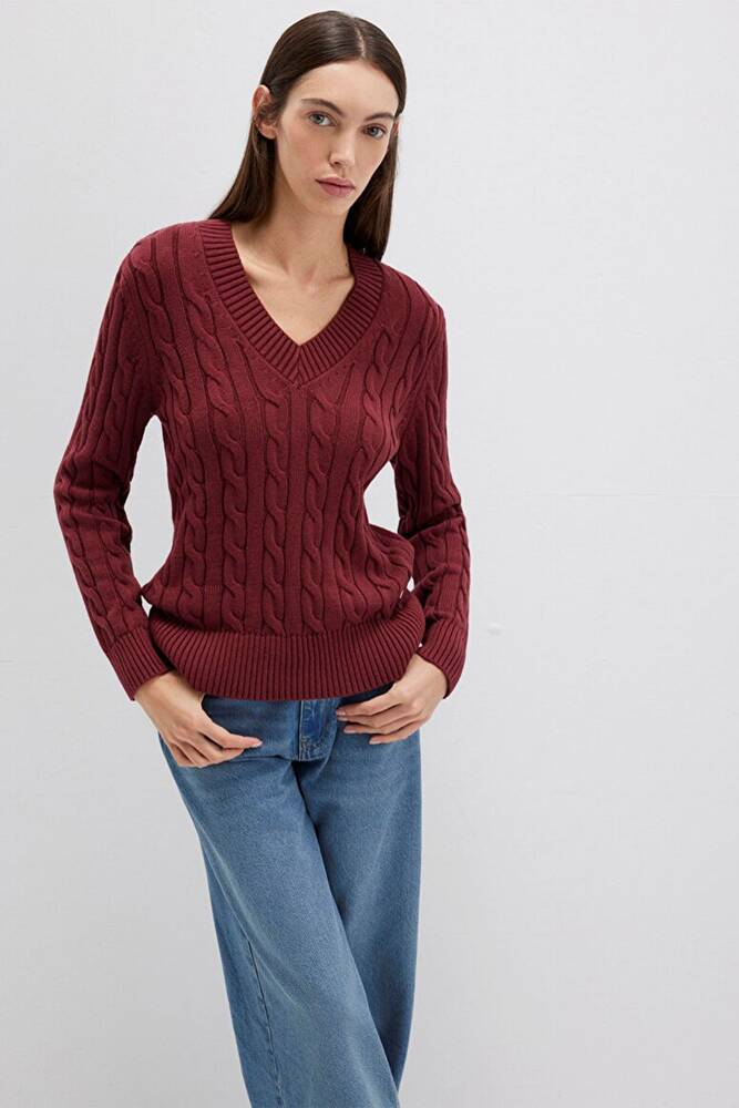 Kadın V Yaka Kazak 1710720-85493 Bordo 