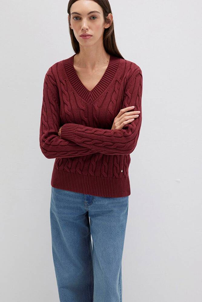 Kadın V Yaka Kazak 1710720-85493 Bordo 