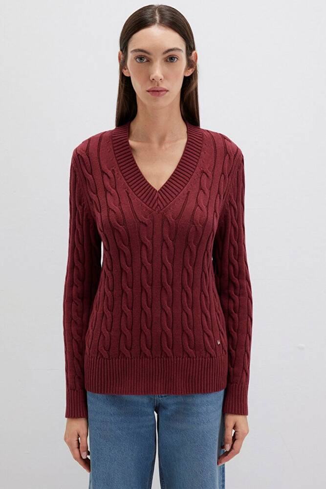 Kadın V Yaka Kazak 1710720-85493 Bordo 